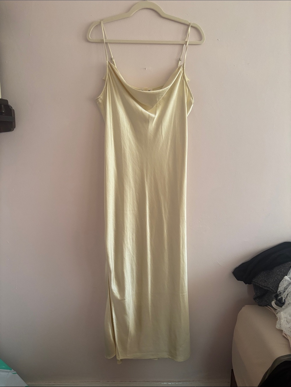 Butter Yellow Satin Cowl Slip Dress with Adjustable Straps